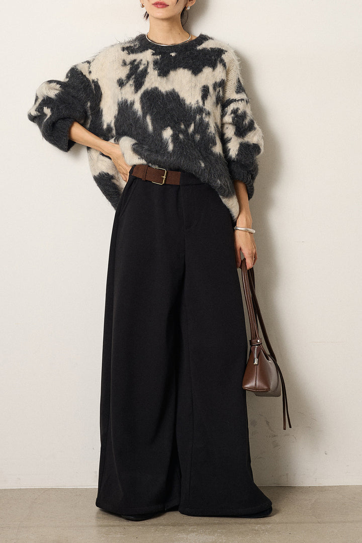 [SET]モヘアタッチマーブルニット+サイドベルトパンツ(2set)