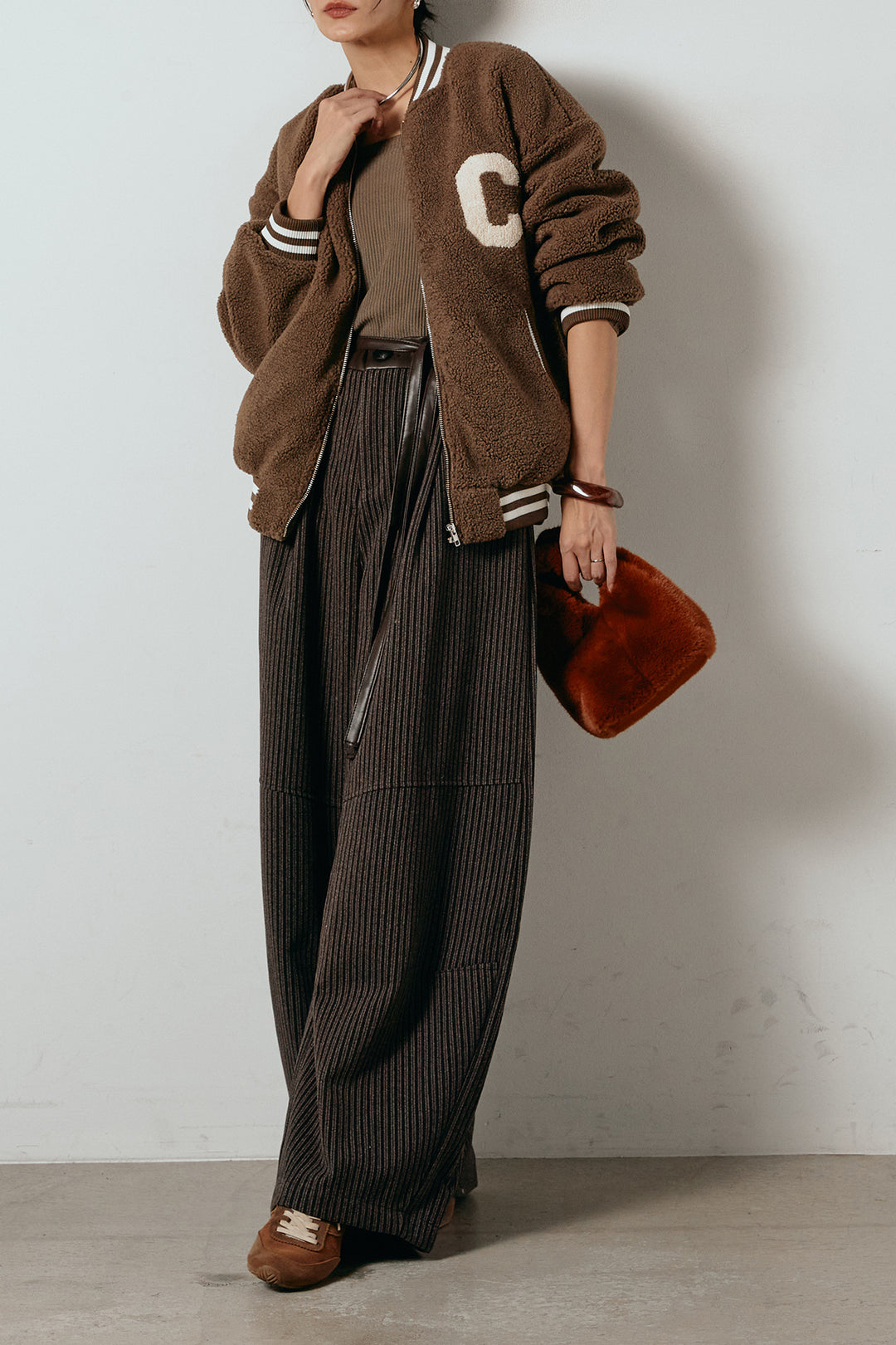 [SET]ロゴスタジャンボアブルゾン+レザーライク配色ストライプパンツ(2set)