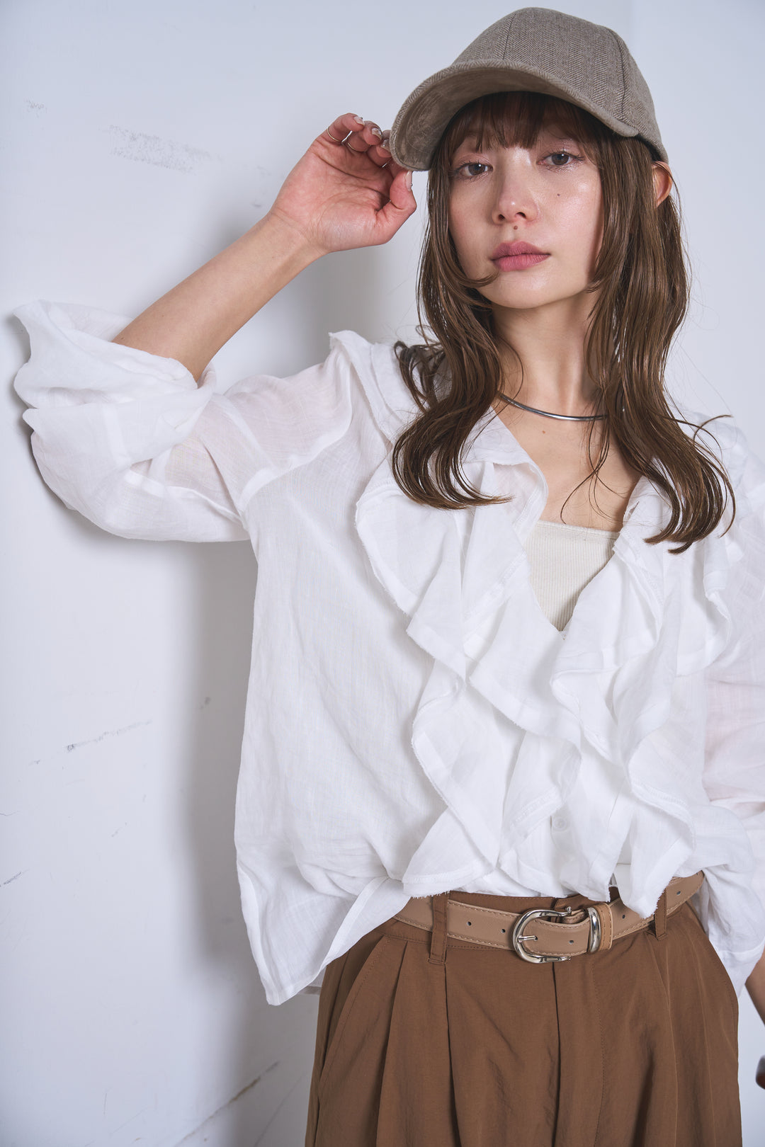 [SET]フリルボタンブラウス+ドライタフタタックバレルパンツ(2set)