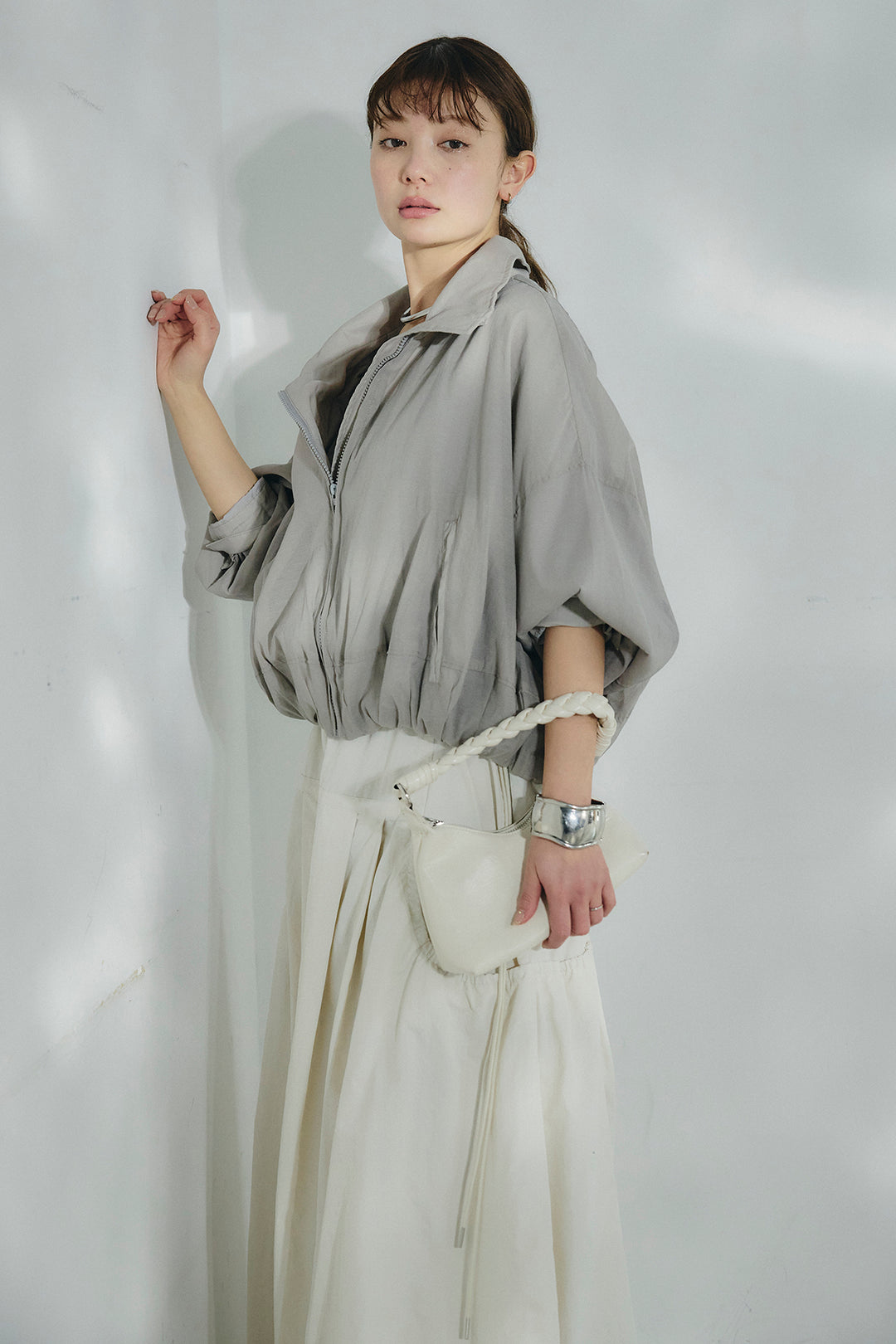 [SET]スタンドネックシアーブルゾン+ナイロンデザインフレアスカート(2set)