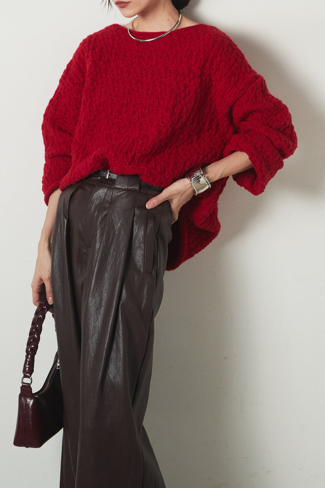 [SET]ボリューム編みニットプルオーバー+ベルト付きレザーライクタックパンツ(2set)