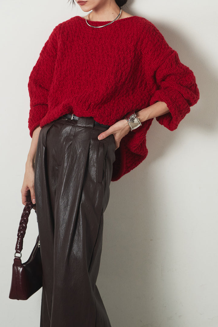 [SET]ボリューム編みニットプルオーバー+ベルト付きレザーライクタックパンツ(2set)