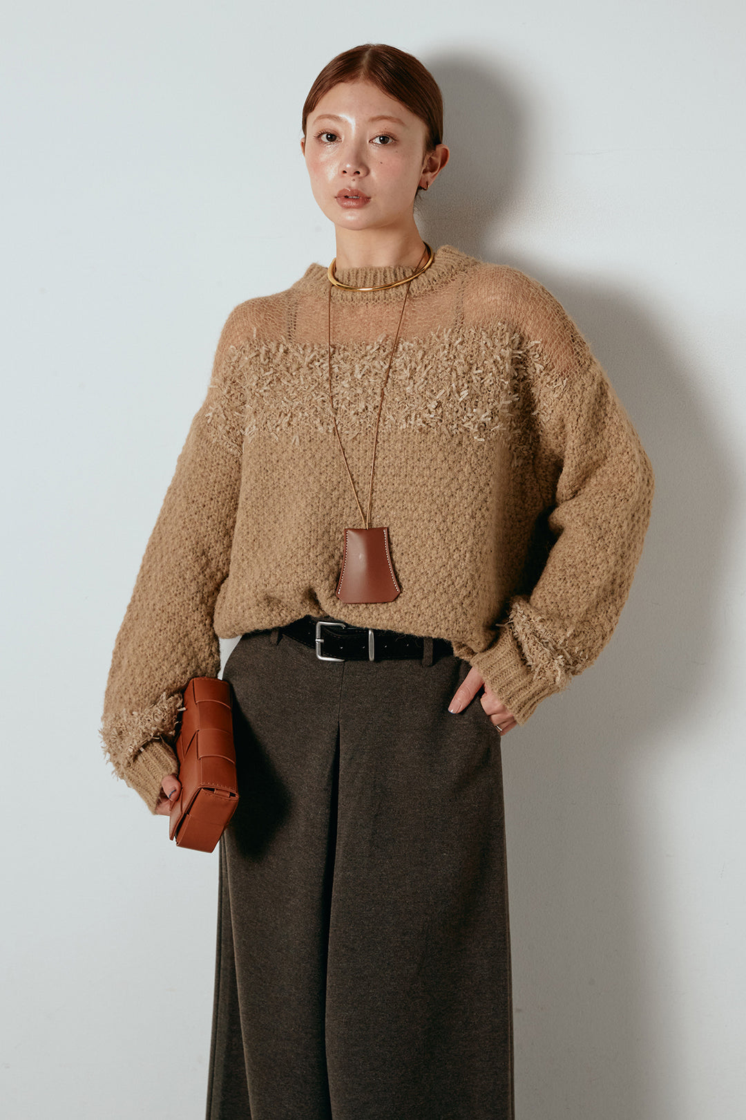 [SET]パターンランダム編みニットトップス+ベルト付きフロントタックデザインパンツ(2set)