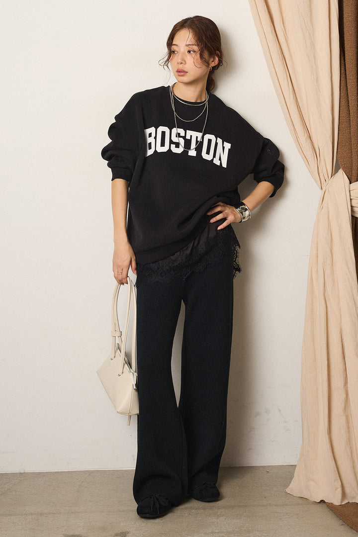 [SET]ロゴデザインルーズスウェット+レースサテンキャミソール+ワイドリブニットイージーパンツ(3set)