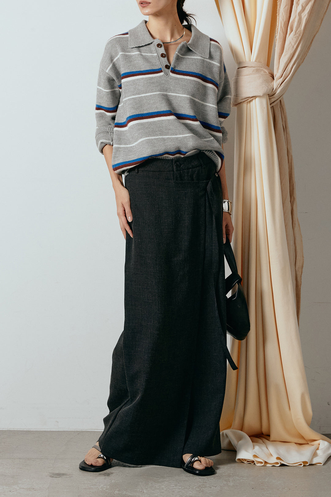 [SET]襟付きマルチボーダーニットポロトップス+ラップ巻きワイドスラックス(2set)