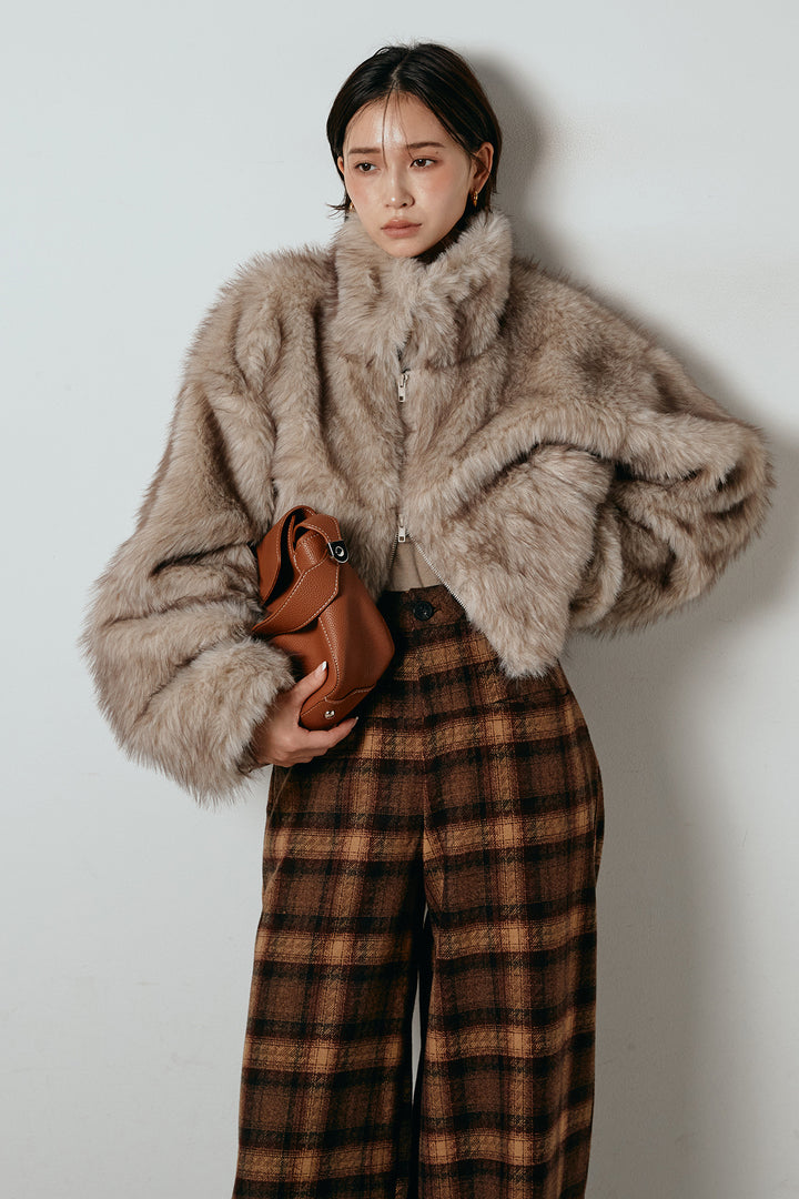 [SET]エコファーショート丈ブルゾン+ルーズタータンチェックワイドパンツ(2set)