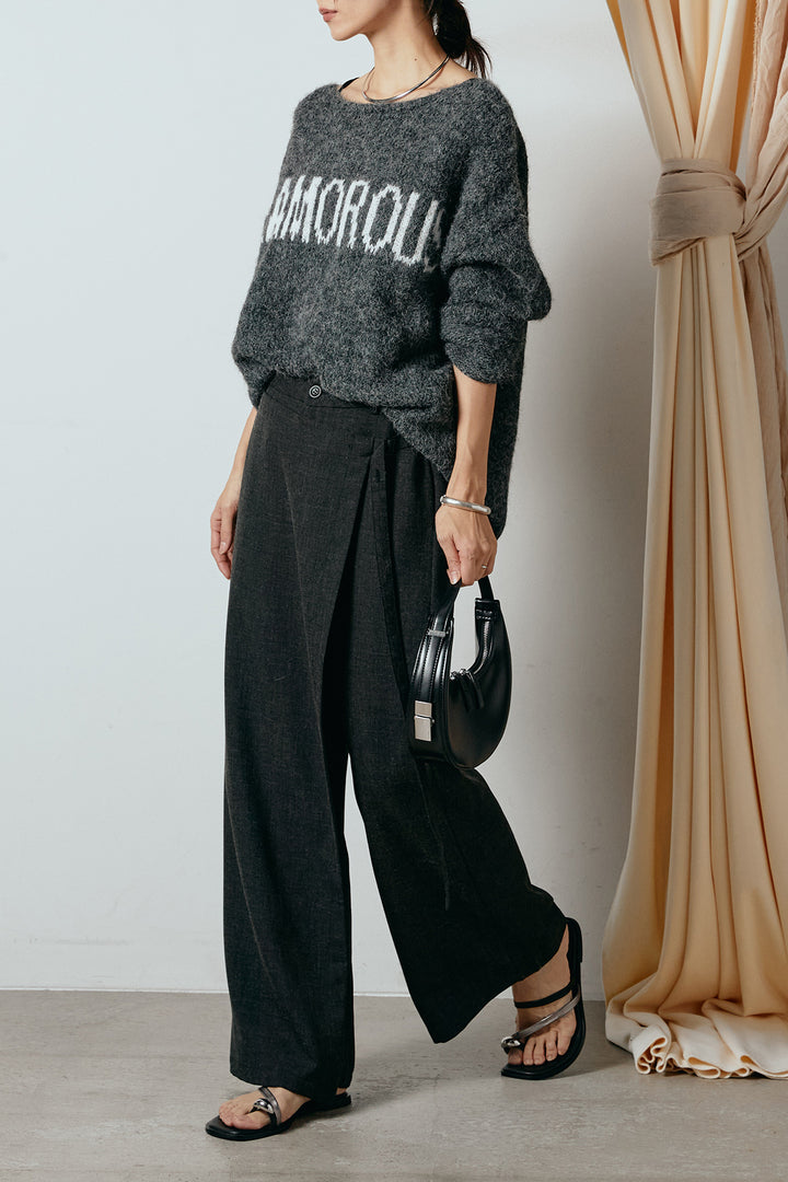 [SET]フロントロゴデザインニットトップス+ラップ巻きワイドスラックス(2set)