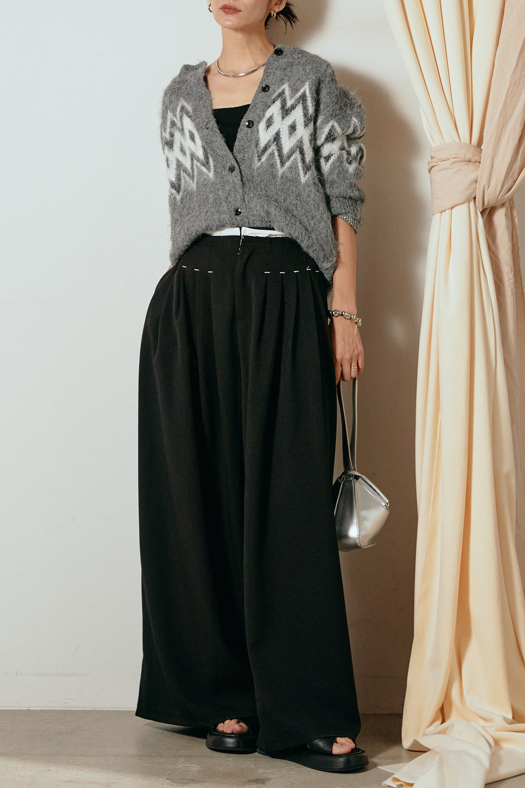 [SET]起毛ノルディック柄ニットカーディガン+ウエストステッチデザインワイドスラックス(2set)