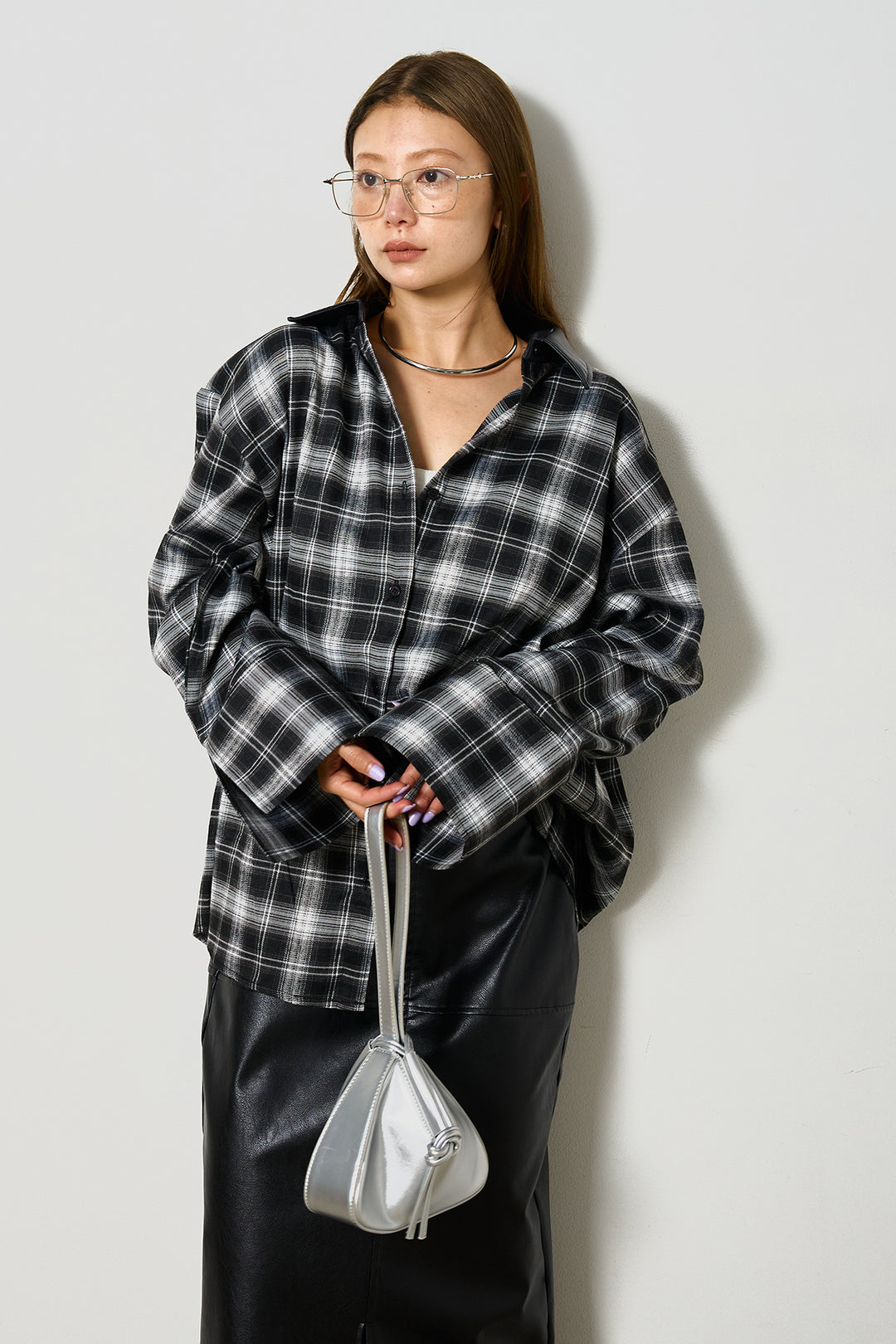 [SET]襟フェイクレザーネルチェックシャツ+フェイクレザーワイドスカート(2set)