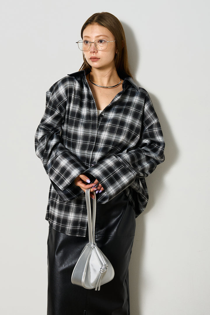 [SET]襟フェイクレザーネルチェックシャツ+フェイクレザーワイドスカート(2set)