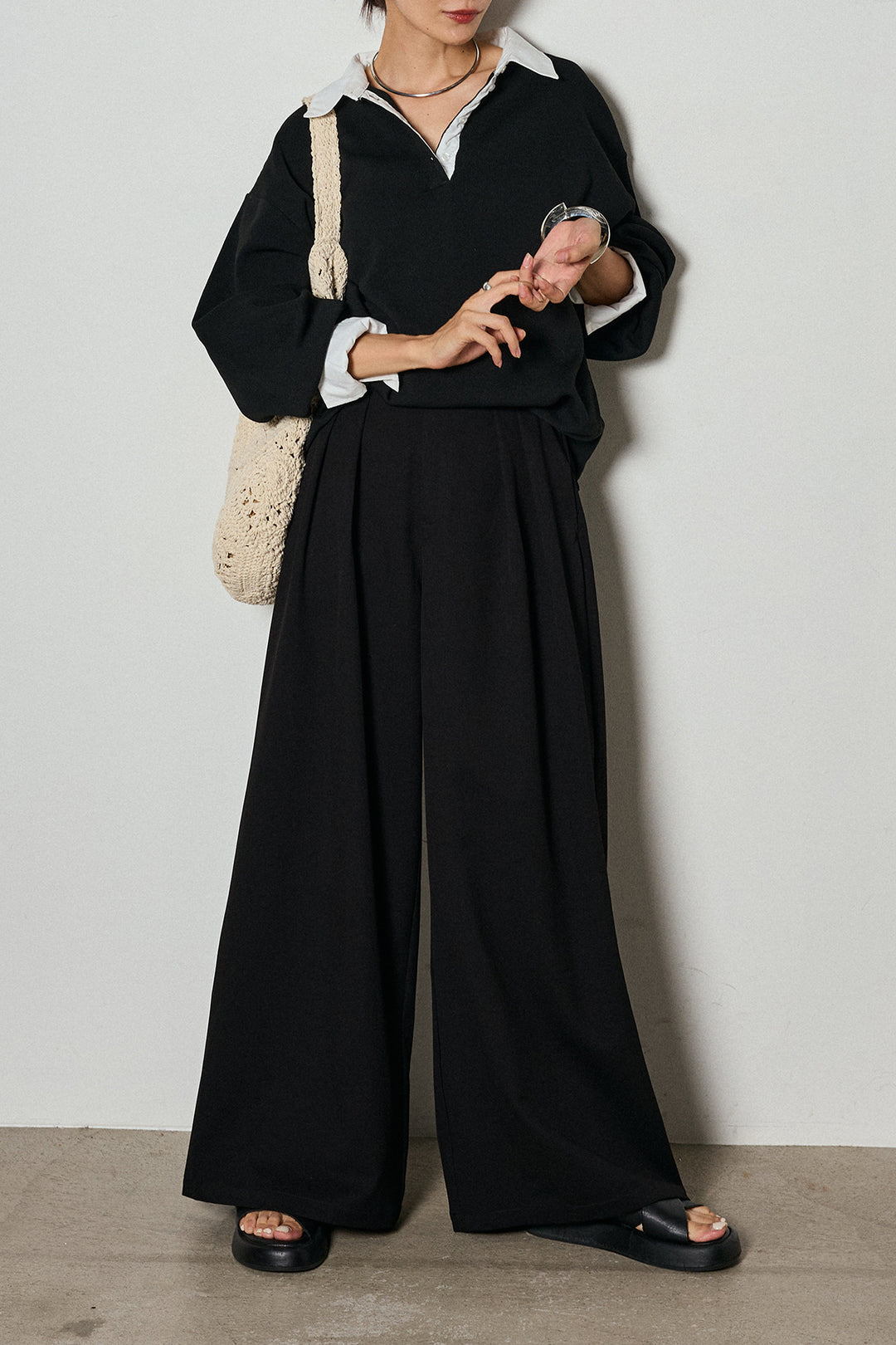 【即納】ウエストベルト付きタックワイドパンツ