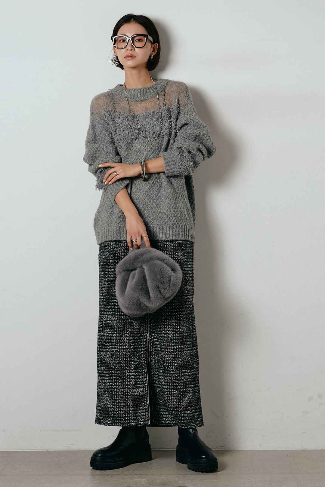 [SET]パターンランダム編みニットトップス+グレンチェック柄フロントジップタイトスカート(2set)