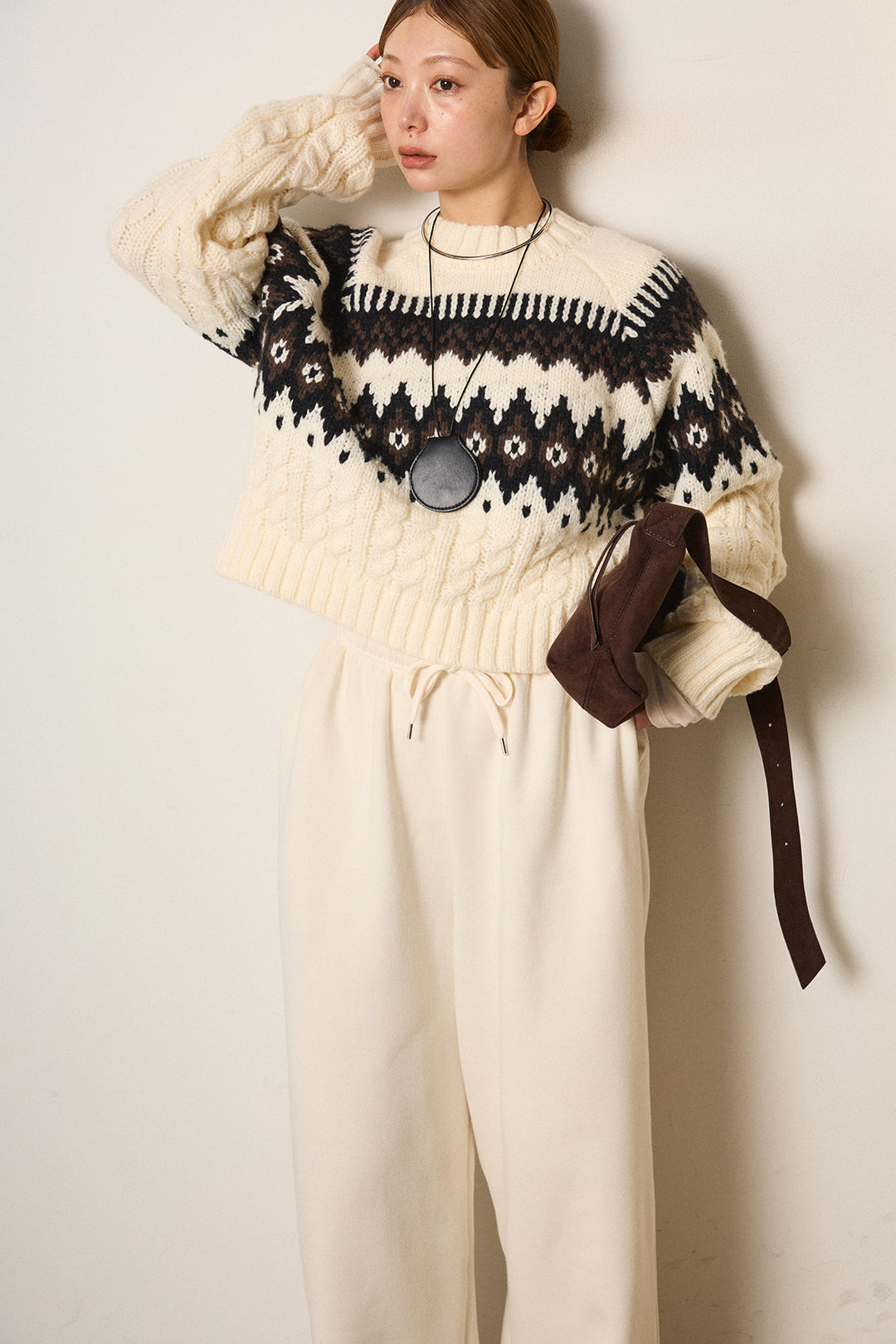 [SET]2WAY求心柄ジャガードショートカーディガン+裏起毛スウェットワイドパンツ+2WAY袖コード刺繍クルーネックプルオーバー(3set)