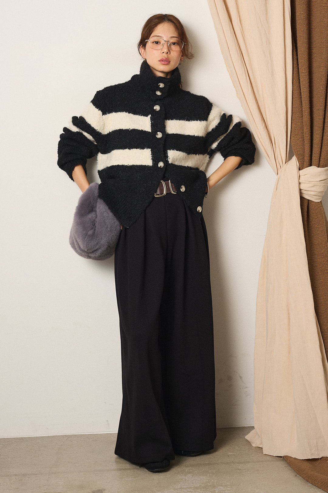 [SET]ハイネックボーダーニットカーディガン+フェイクレザー太ベルト付きタックワイドパンツ(2set)