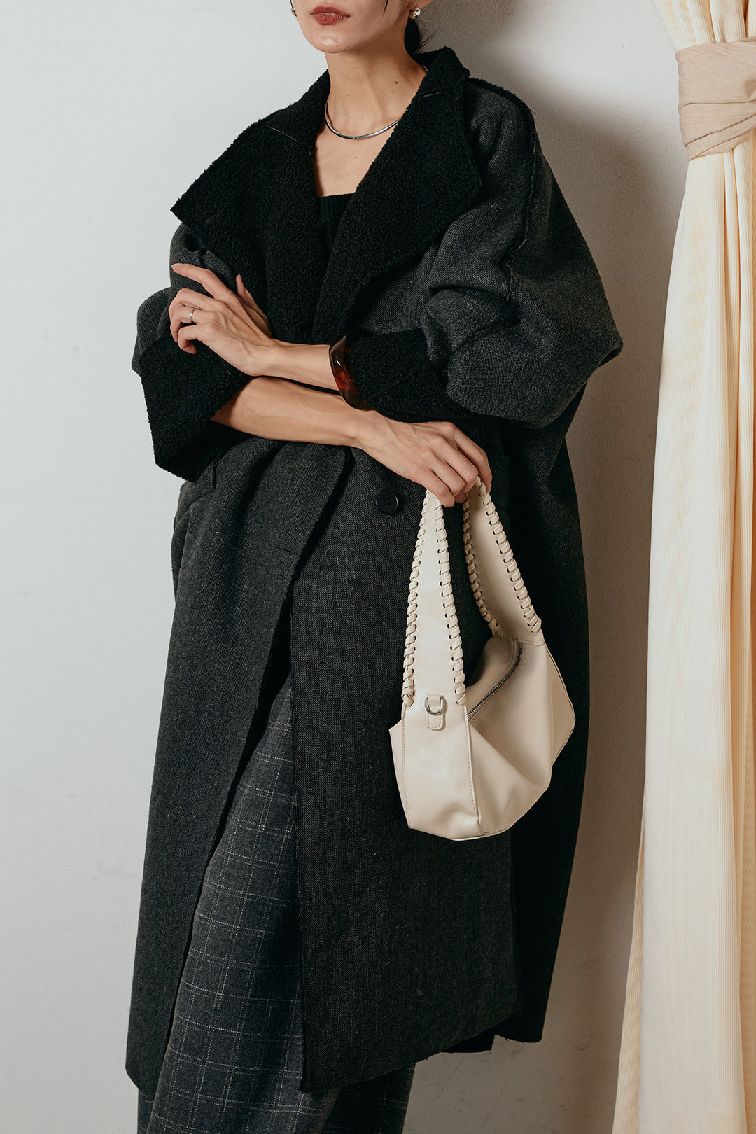 [SET]裏地ボアハイネックロングアウター+ウールライクチェックタックパンツ(2set)