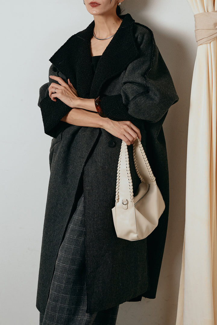 [SET]裏地ボアハイネックロングアウター+ウールライクチェックタックパンツ(2set)
