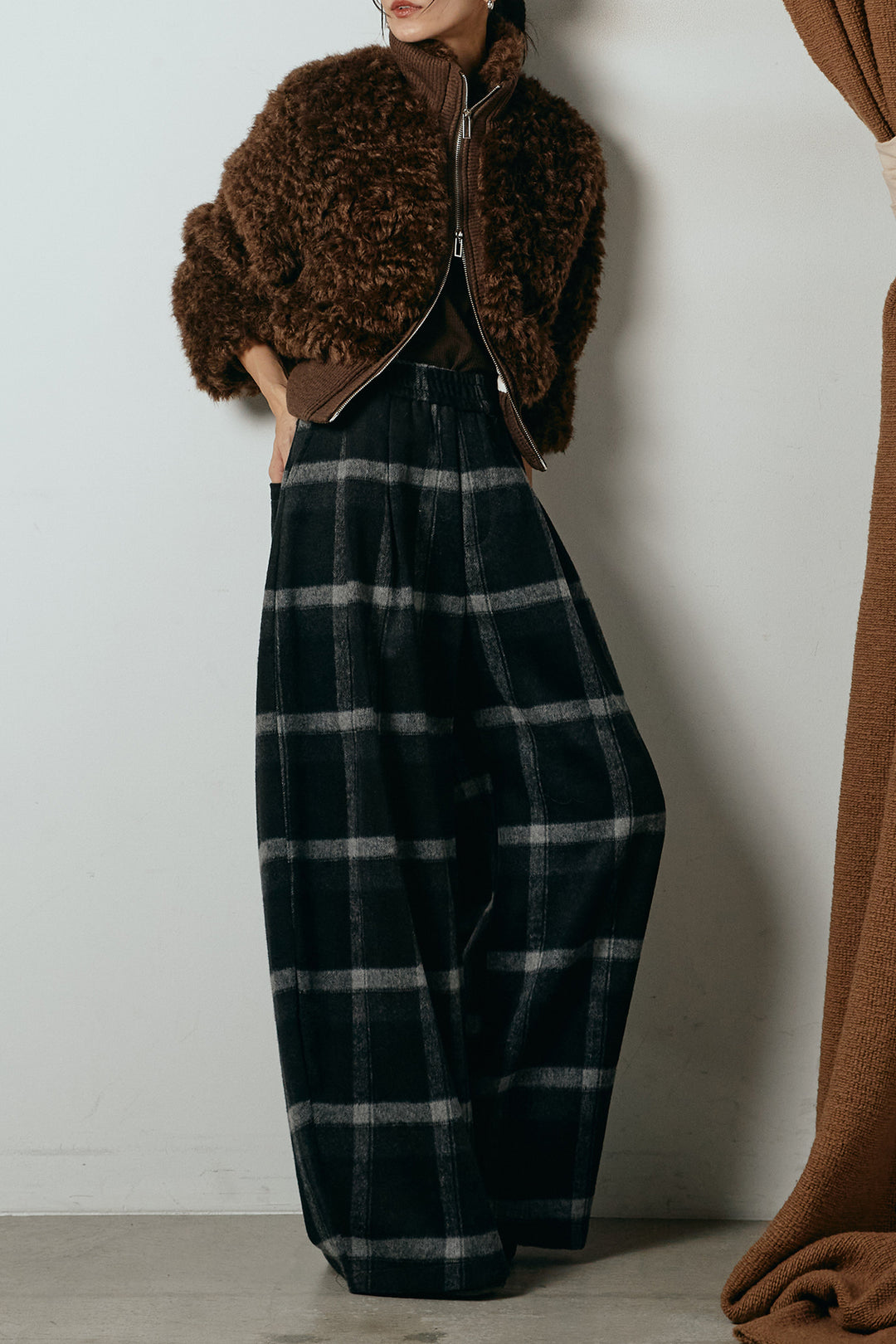 [SET]ハイネックショート丈ボアジップブルゾン+起毛タータンチェック柄ワイドパンツ(2set)