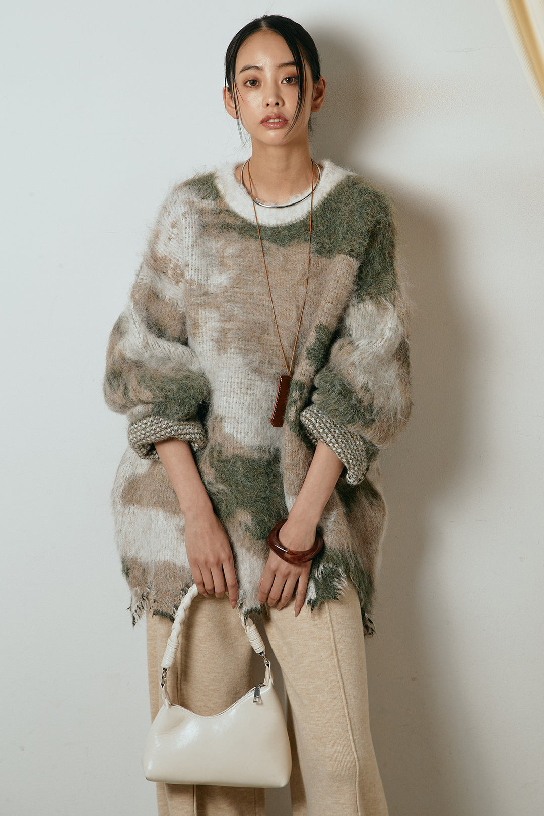 [SET]起毛裾デザインニュアンス柄ニットトップス+センターラインニットパンツ(2set)