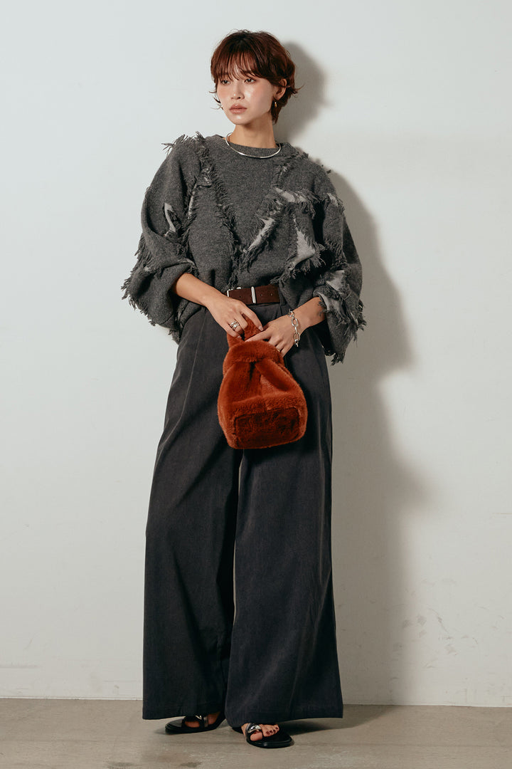 [SET]シャギージャガードニットトップス+太ベルト付きコーデュロイタックパンツ(2set)