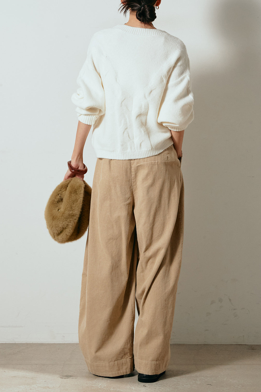 [SET]ケーブルカシュクールニットトップス+タック入りコーデュロイワイドパンツ(2set)