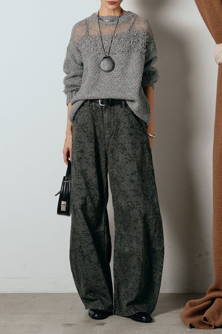 [SET]パターンランダム編みニットトップス+ベルト付きニュアンス柄カーブワイドパンツ(2set)