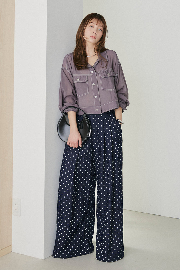 [SET]配色ステッチシアーシャツ+ベルト付きドット柄ワイドパンツ(2set)