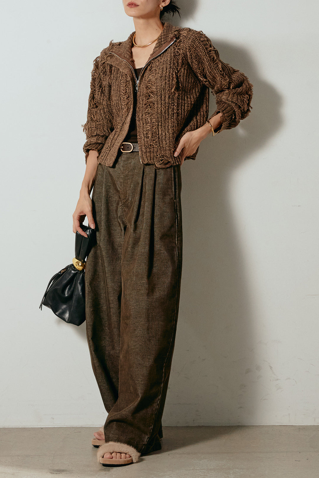 [SET]ハイネックフリンジジップニットトップス+フロントタック入りコーデュロイパンツ(2set)