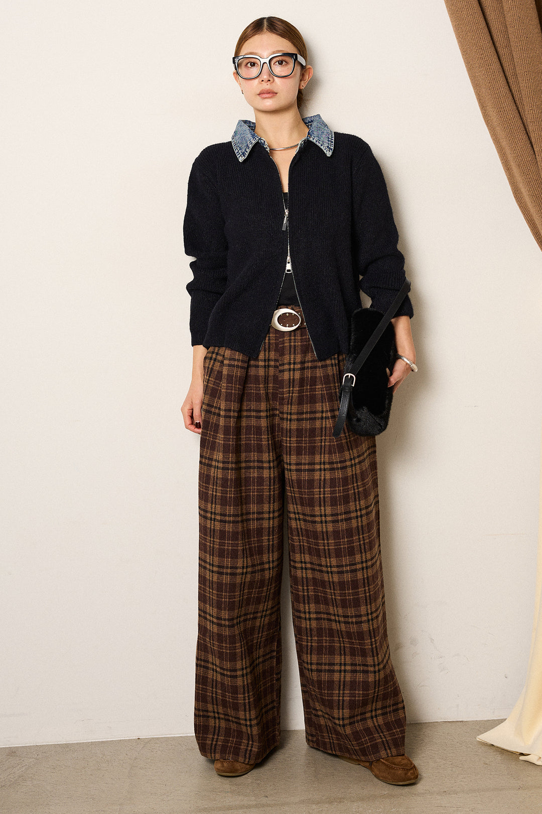[SET]デニム襟ダブルジップニットトップス+スタッズデザインベルトタータンチェックパンツ(2set)