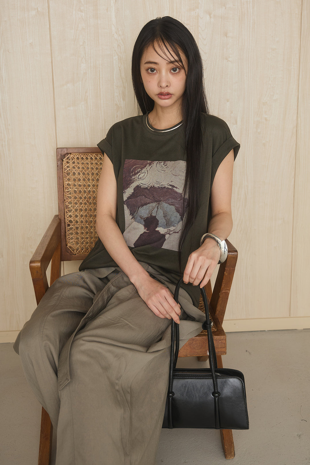 [SET]スクエアニュアンス柄Tシャツ+前結びタックワイドパンツ(2set)