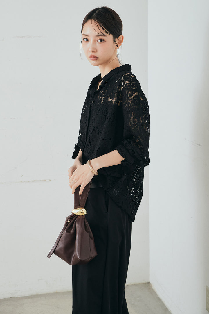 [SET]レース裾スカラップシャツ+ベルトループデザインハイウエストタックパンツ(2set)