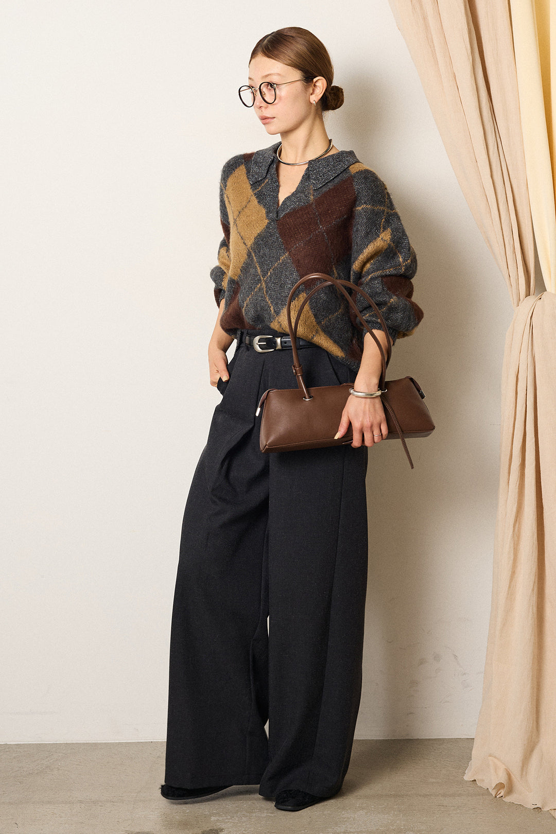 [SET]アクリルモヘアアーガイルキーネックプルオーバー+フロントワイドタックネップ入ワイドパンツ(2set)