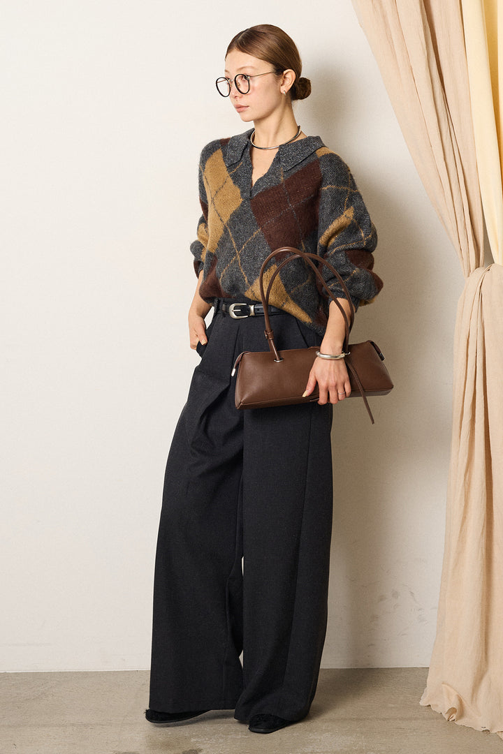 [SET]アクリルモヘアアーガイルキーネックプルオーバー+フロントワイドタックネップ入ワイドパンツ(2set)