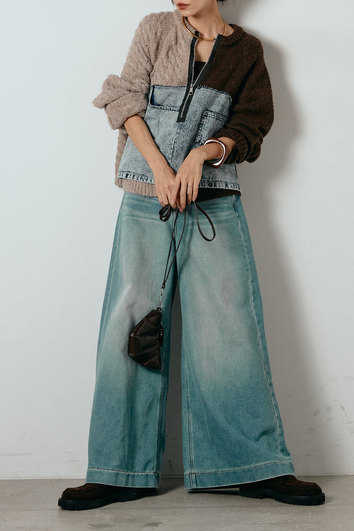 [SET]ハーフジップニットデニムドッキングトップス+ウエストダブルボタンワイドデニムパンツ(2set)