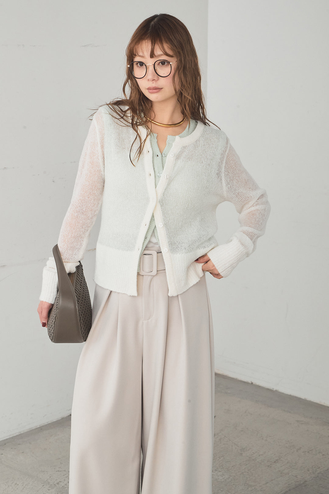[SET]モヘア透かし編みレイヤードアンサンブルセット+ベルト付きツータックワイドパンツ(2set)
