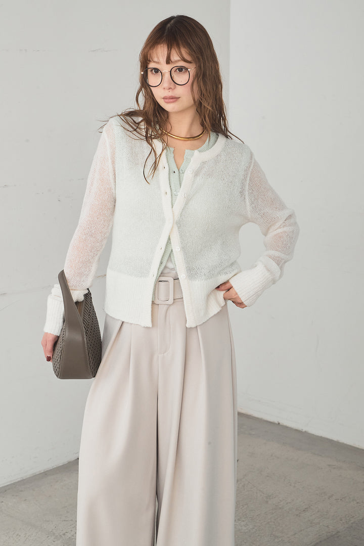 [SET]モヘア透かし編みレイヤードアンサンブルセット+ベルト付きツータックワイドパンツ(2set)