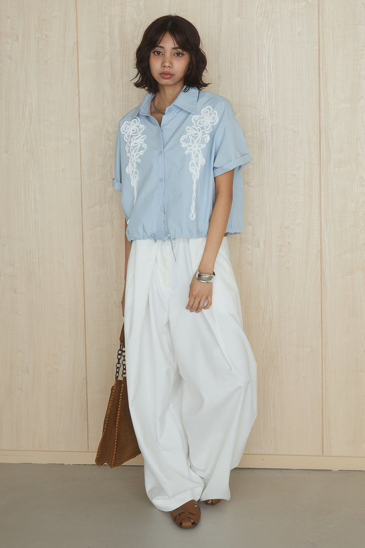 [SET]フロントテープ刺繍ウエストドロストシャツ+ベルトループワイドパンツ/ホワイト(2set)