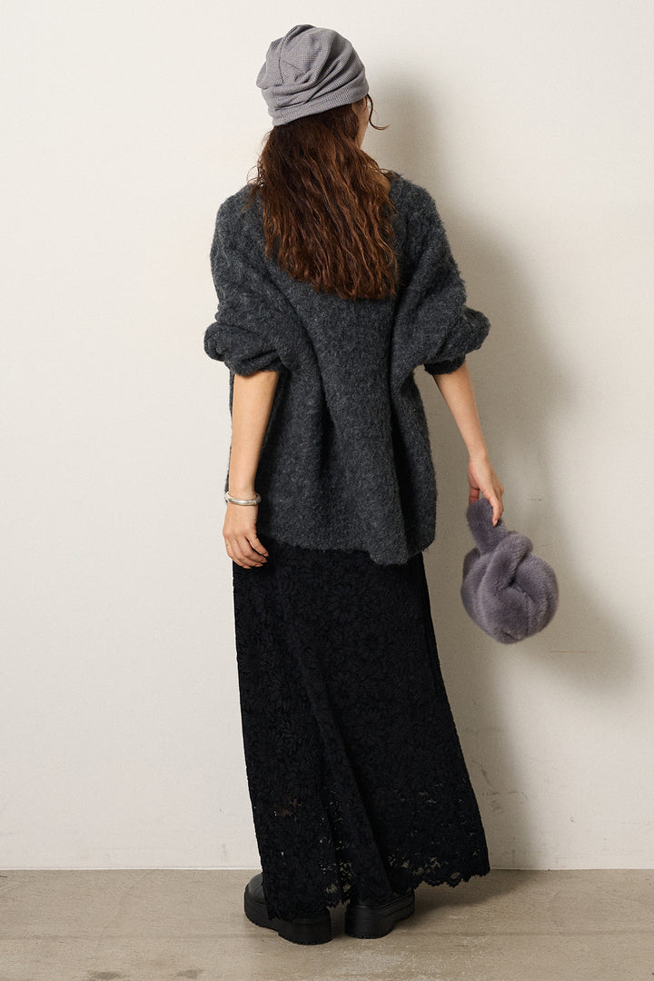 [SET]ウール混透かしロゴニットカーディガン+花柄刺繍ベロアフレアスカート(2set)