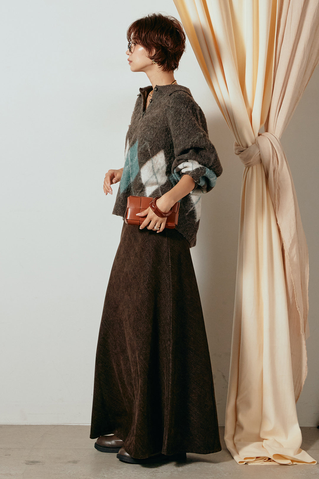 [SET]アーガイル柄ポロニットトップス+スウェードライクロングスカート(2set)