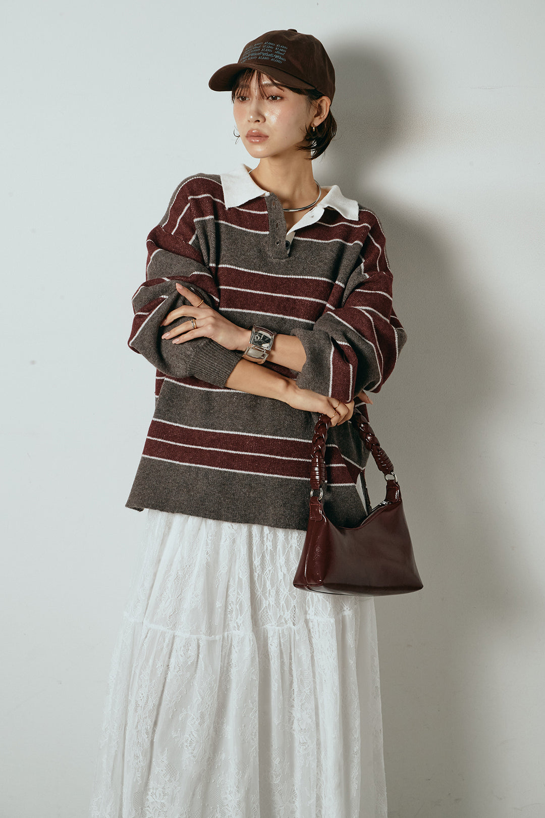 [SET]ラガーニットボーダーポロプルオーバー+ひげレース切替ロング丈スカート(2set)