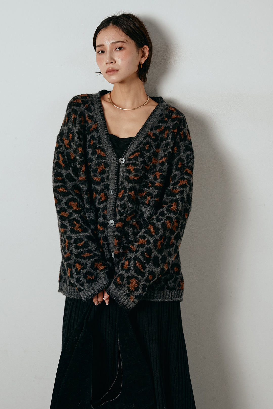 [SET]ステッチデザインレオパードニットカーディガン+リブニットフレアスカート(2set)