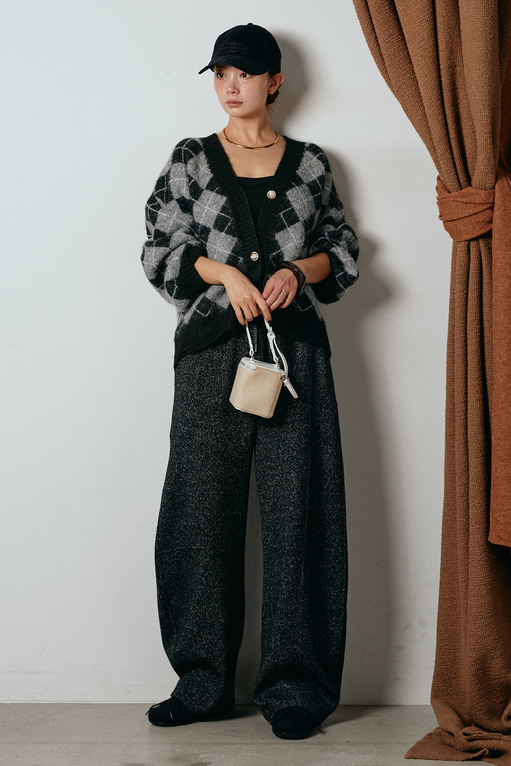 [SET]オーバーサイズ総柄Vネックニットカーディガン+杢ニットフレアパンツ(2set)