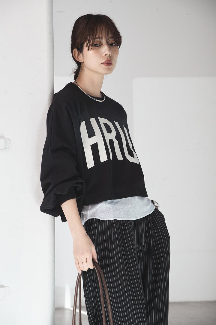 [SET]ビッグロゴHRU袖ボリュームトップス+リブシアークルーネック長袖トップス(2set)