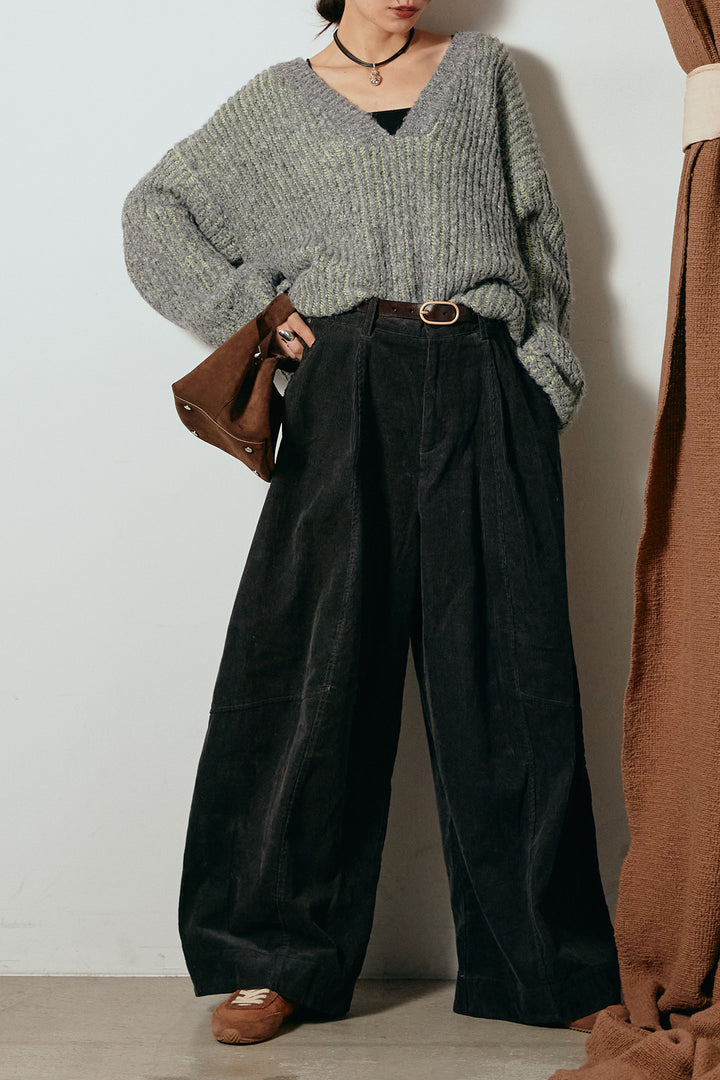 [SET]アルパカタッチ深Vニットトップス+タック入りコーデュロイワイドパンツ(2set)