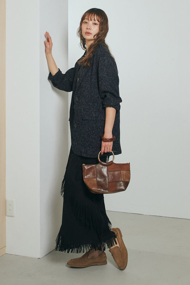 [SET]ミックスツイードベルト付きジャケット+斜めフリンジデザインスカート(2set)