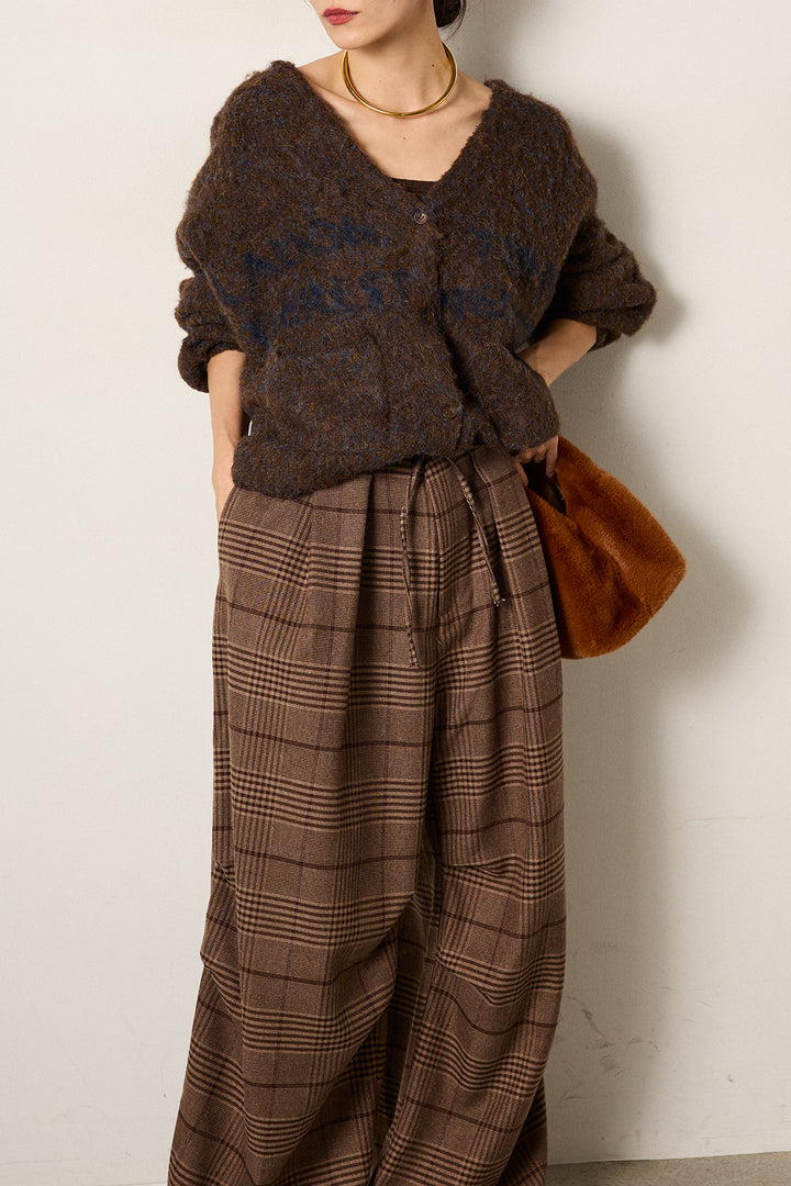 [SET]ウール混透かしロゴニットカーディガン+グレンチェックルーズタックパンツ(2set)