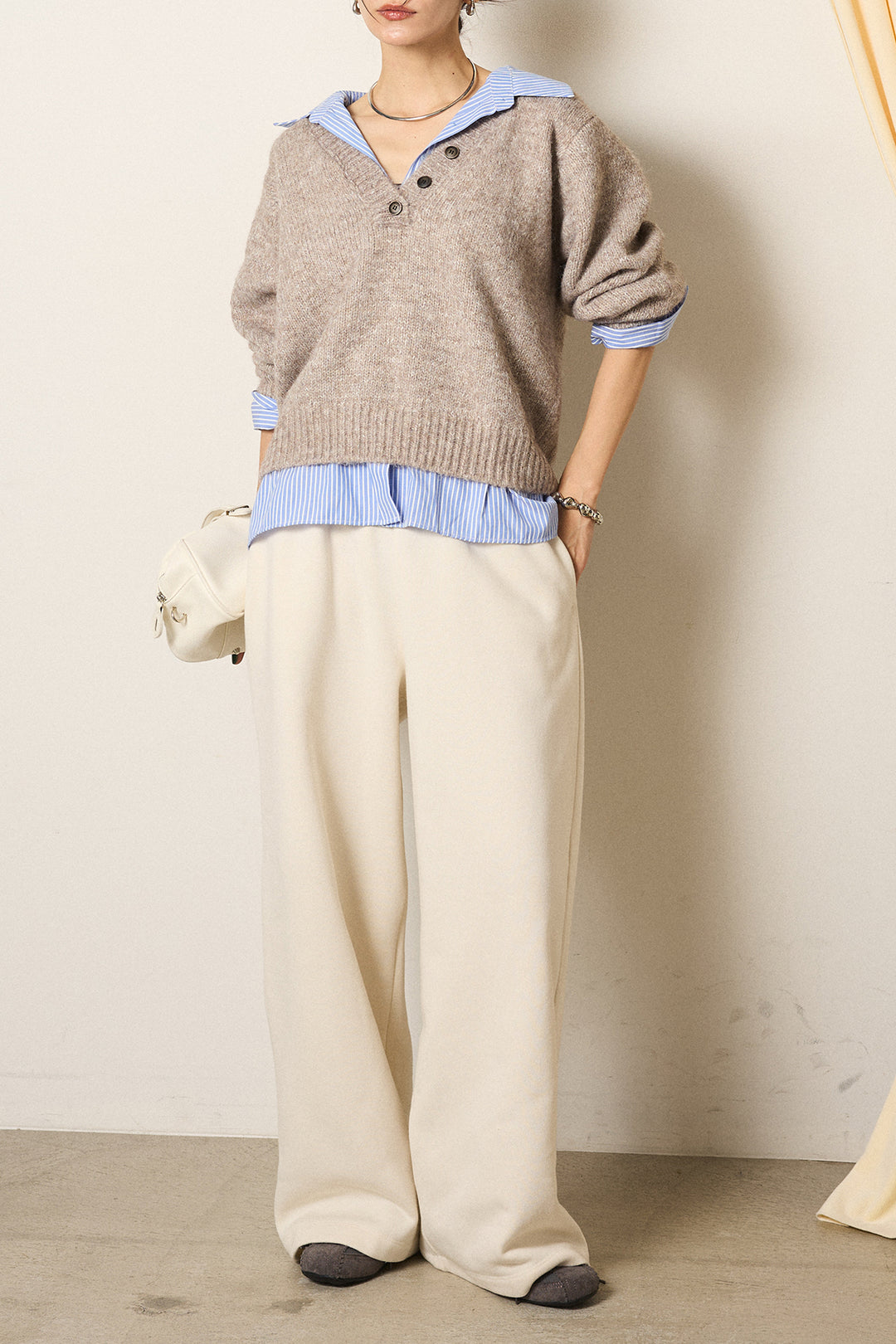 [SET]ストライプシャツドッキングニットポロトップス+裏起毛スウェットワイドパンツ(2set)