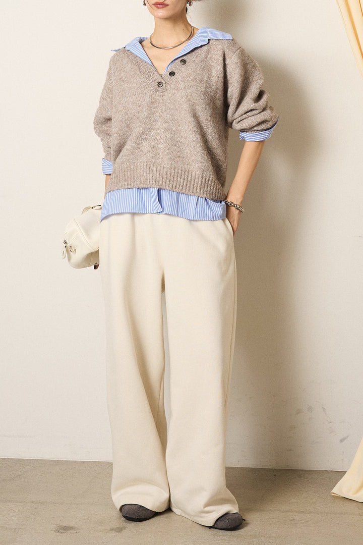 [SET]ストライプシャツドッキングニットポロトップス+裏起毛スウェットワイドパンツ(2set)