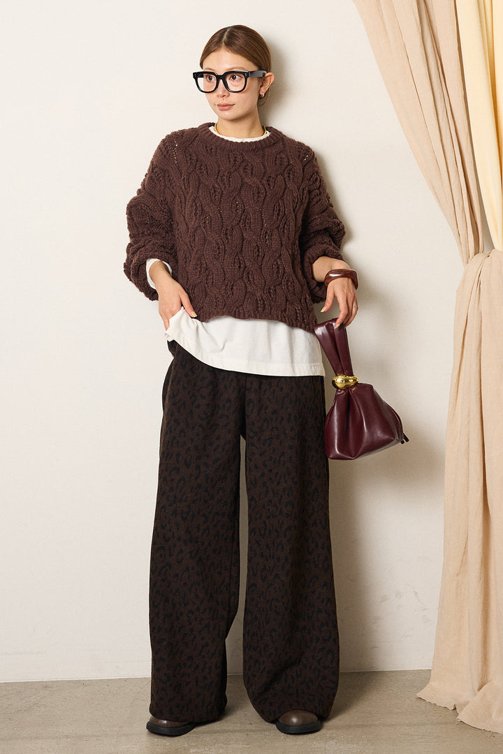 [SET]ケーブルリラックスショートニット+レオパードジャガードニットパンツ(2set)