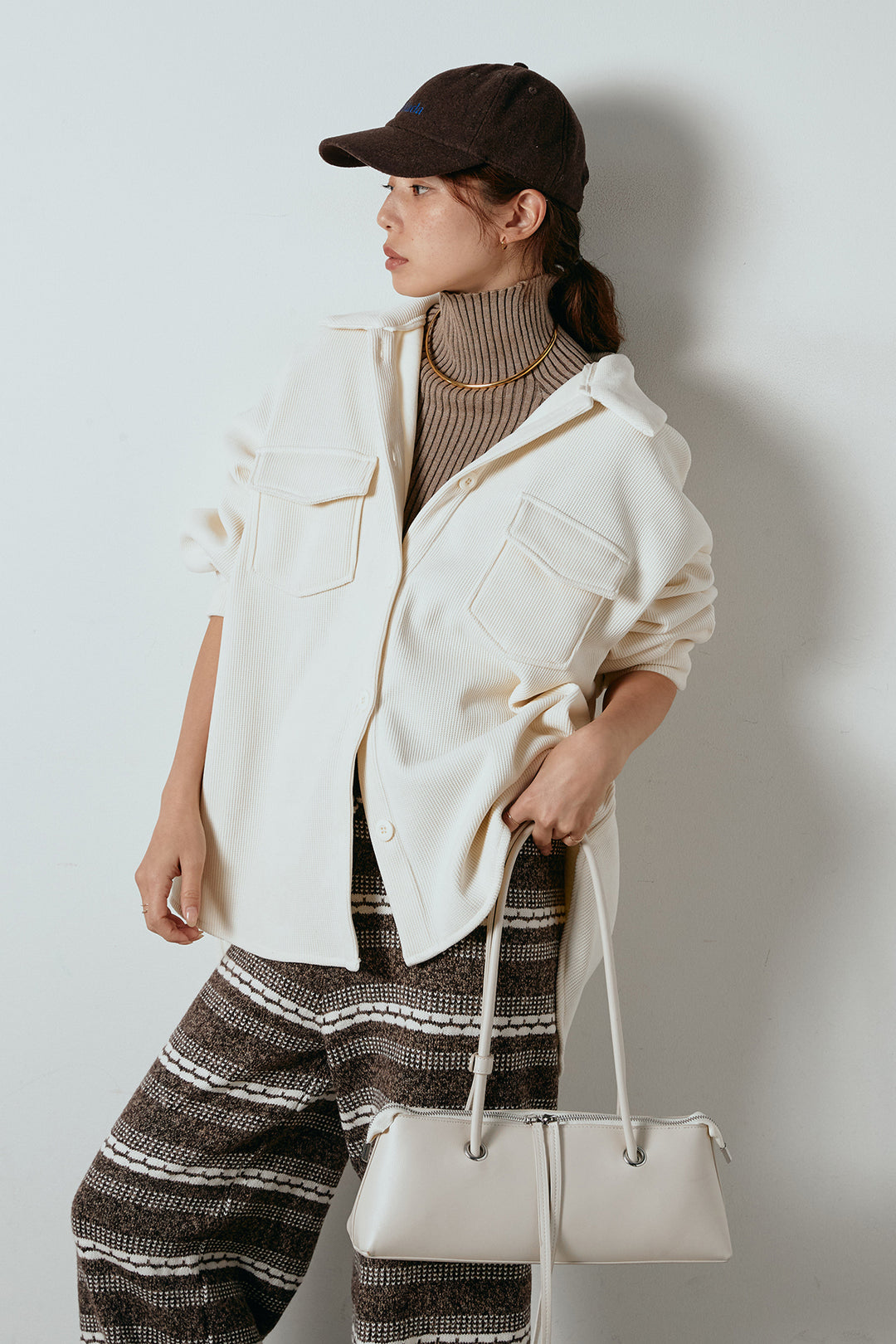 [SET]襟付きコーデュロイポケットシャツ+マルチライン柄リラックスニットパンツ(2set)