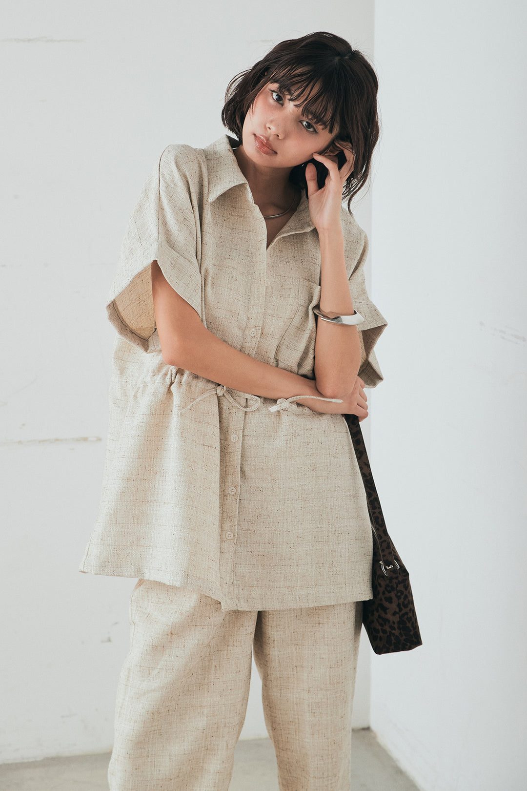 [SET]ツイードウエストドロストシャツ+ツイードタックパンツ(2set)